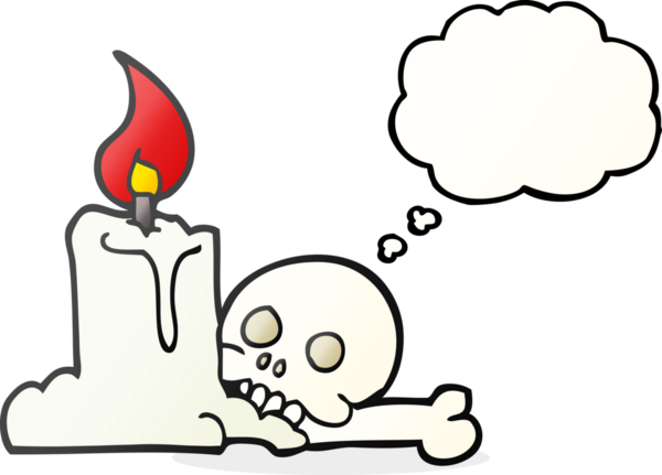 Serbest çizim düşünce balonu karikatürü. İnsan tarafından çizilmiş ürkütücü kafatası ve mum.