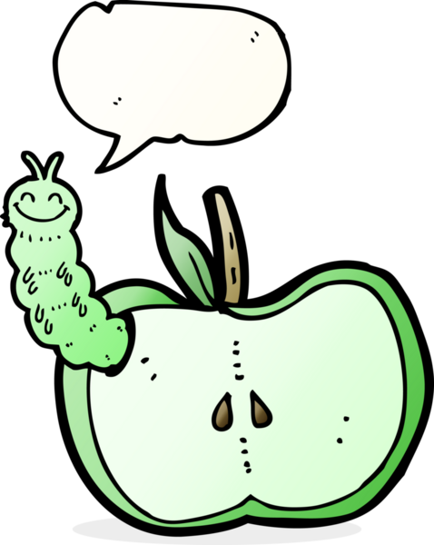 bir insan tarafından çizilmiş konuşma balonlu bir böcek ile çizgi film elması