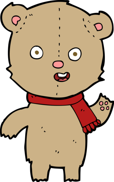 Bir insan tarafından çizilmiş eşarplı oyuncak ayıyı sallayan çizgi film.