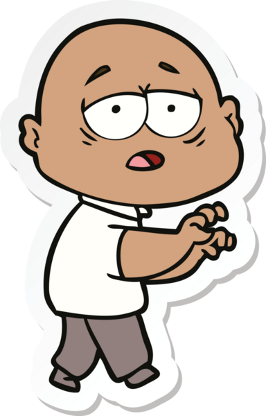 Bir insan tarafından çizilmiş, yorgun, kel bir adamın çıkartması.