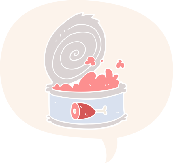 Bir insan tarafından çizilmiş retro tarzı konuşma baloncuklu konserve yiyecekler.