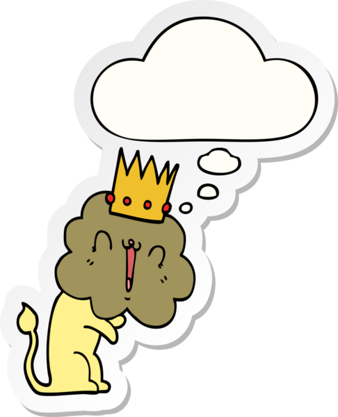 Düşünce baloncuklu taçlı çizgi film aslanı insan tarafından çizilmiş bir çıkartma.