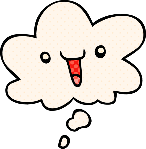 Bir insan tarafından çizilmiş çizgi roman tarzında düşünce baloncuğu olan sevimli mutlu çizgi film yüzü.