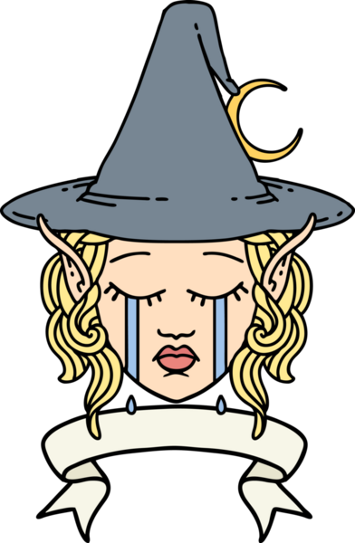 Retro Dövme Tarzı Ağlayan Elf Büyücüsü Karakteri Bir insan tarafından çizilmiş pankartıyla