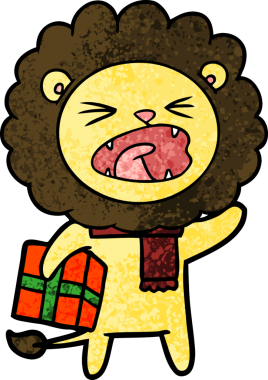 Bir insan tarafından çizilmiş noel hediyeli çizgi film aslanı.