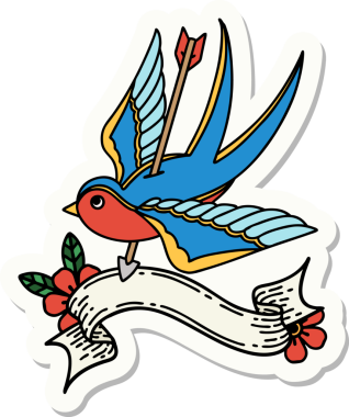 Bir insanın çizdiği okla delinmiş bir kırlangıç sancağına sahip dövme stili çıkartması