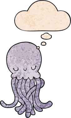 Bir insan tarafından çizilmiş grunge desenli düşünce baloncuğu olan sevimli çizgi film denizanası.