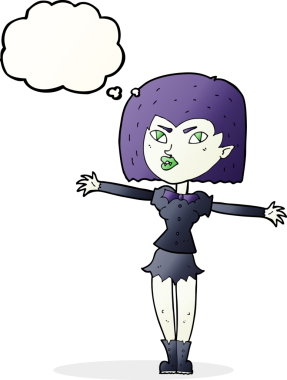 Bir insan tarafından çizilmiş düşünce balonlu vampir kız.