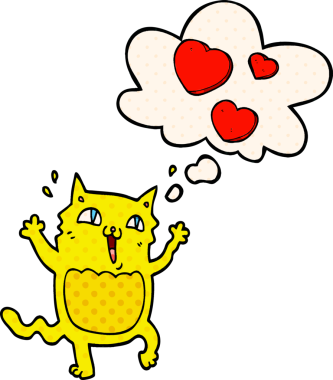 Çizgi roman tarzında bir insan tarafından çizilmiş düşünce balonuna delicesine aşık çizgi film kedisi.