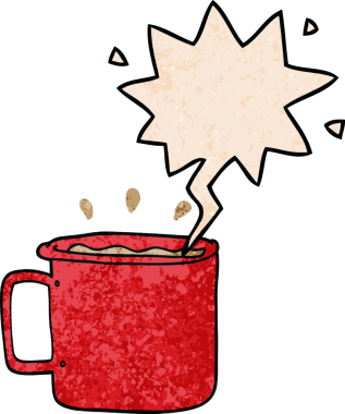 Bir insan tarafından çizilmiş, eski moda konuşma baloncuklu bir kahve fincanı.