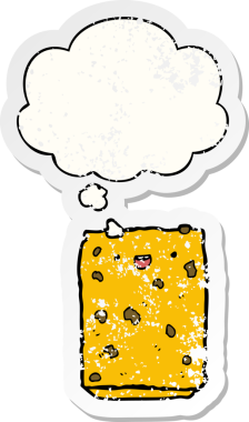 Düşünce baloncuklu çizgi film bisküvisi insan tarafından çizilmiş yıpranmış bir çıkartma.