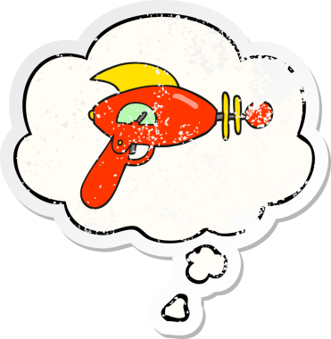 Düşünce baloncuklu karikatür ışın tabancası insan tarafından çizilmiş yıpranmış bir çıkartma gibi.