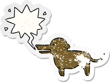 Konuşma baloncuğu olan çizgi film köpeği bir insan tarafından çizilmiş sıkıntılı eski bir çıkartma