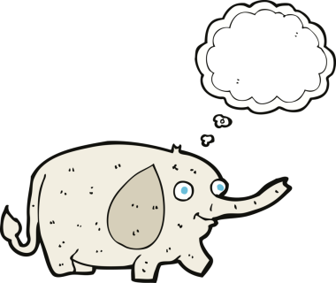 Bir insan tarafından çizilmiş düşünce baloncuklu komik küçük fil.