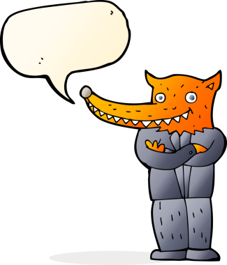 Bir insan tarafından çizilmiş konuşma balonlu tilki adam.