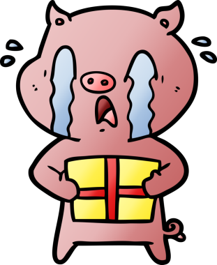 Ağlayan domuz çizgi filmi bir insan tarafından çizilmiş Noel hediyesini teslim ediyor.