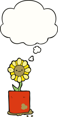 Bir insan tarafından çizilmiş düşünce baloncuğu olan sevimli bir karikatür çiçeği.