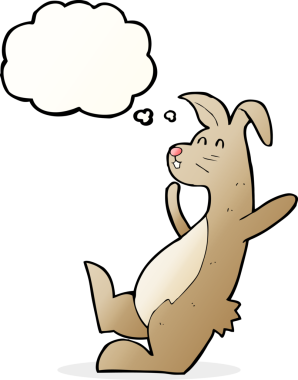 Bir insan tarafından çizilmiş düşünce baloncuklu çizgi film tavşanı