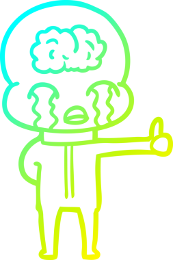 Ağlayan koca beyinli bir uzaylının soğuk gradyan çizimi. Ama bir insan tarafından çizilmiş baş parmak işareti.