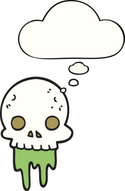 Bir insan tarafından çizilmiş bir düşünce baloncuğu olan ürkütücü cadılar bayramı kafatası çizgi filmi.