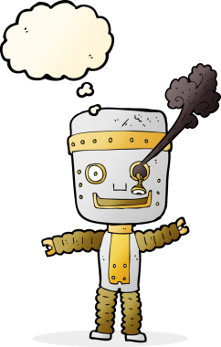 Bir insan tarafından çizilmiş düşünce baloncuklu komik altın robot.