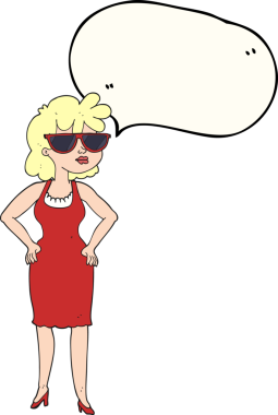 Bir insan tarafından çizilmiş güneş gözlüğü takan serbest konuşma balonu karikatürü kadın.