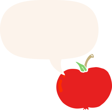 bir insan tarafından çizilmiş, konuşma baloncuklu çizgi film elması.