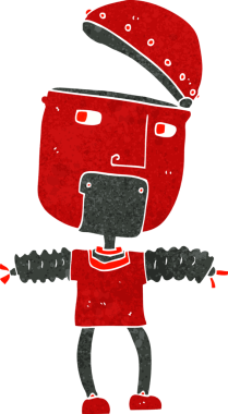 Bir insan tarafından çizilmiş açık kafalı komik çizgi film robotu.