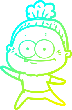 Bir insan tarafından çizilmiş, mutlu, yaşlı bir kadının çizimi.