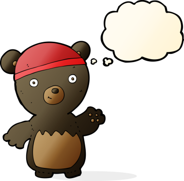 Bir insan tarafından çizilmiş düşünce balonlu şapka takan siyah ayı çizgi filmi.