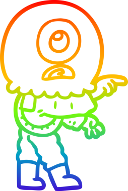 Gökkuşağı gradyan çizgi çizimi bir insan tarafından çizilmiş bir Tepegöz uzaylı uzay adamının çizimi