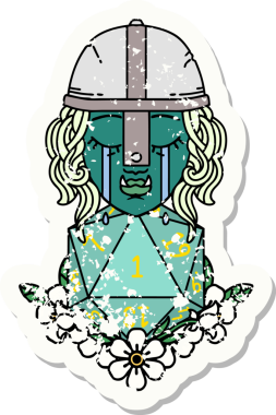 Retro Dövme Tarzı Ağlayan Ork Savaşçısı Karakteri Bir insan tarafından çizilmiş doğal bir D20 rulosu