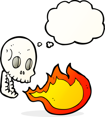 Bir insan tarafından çizilmiş düşünce baloncuklu ateş soluyan kafatası.
