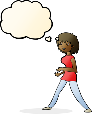 Bir insan tarafından çizilmiş düşünce baloncuğuyla yürüyen çizgi film kadını.