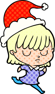 Bir insan tarafından çizilmiş Noel Baba şapkası giyen bir kadının el çizimi çizgi roman tarzı çizimi.