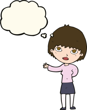 Bir insan tarafından çizilen düşünce baloncuğuyla açıklayan çizgi film kadını.