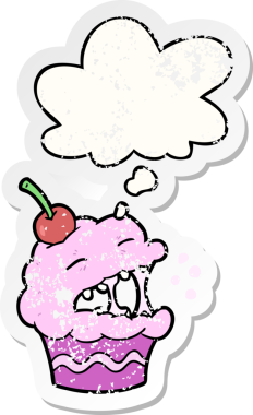 Düşünce baloncuklu çizgi film keki bir insan tarafından çizilmiş yıpranmış bir çıkartma.