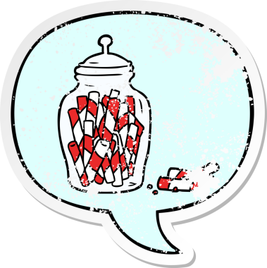 Kavanozda geleneksel şekerleme çubukları ve insan tarafından çizilmiş sıkıntılı eski bir çıkartma.