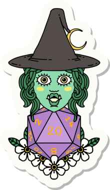 Bir insan tarafından çizilmiş 20 zarlı yarı ork bir cadının çıkartması.