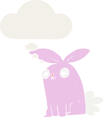 Düşünce baloncuğu olan çizgi film tavşanı insan tarafından çizilmiş.