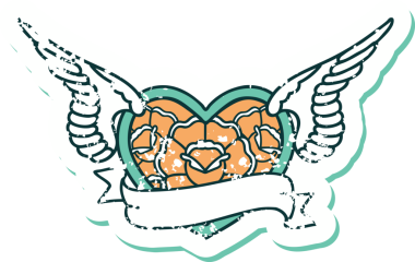 Bir insan tarafından çizilmiş çiçek ve pankartıyla uçan bir kalbin sembolik dövmeli resmi.