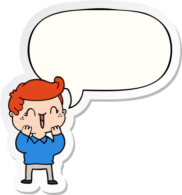 Bir insan tarafından çizilmiş konuşma balonu çıkartmalı gülen çocuk.