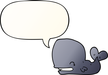 Bir insan tarafından çizilmiş, konuşma baloncuklu çizgi film balinası.