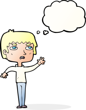 Bir insan tarafından çizilmiş düşünce baloncuğuyla el sallayan mutsuz bir çocuk.