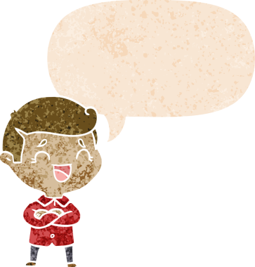 Bir insan tarafından çizilmiş grunge sıkıntılı retro tarzı ile konuşma baloncuğu ile çizgi film gülen adam