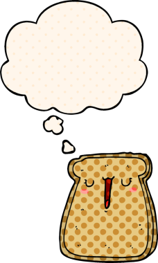 Çizgi roman tarzında bir insan tarafından çizilmiş düşünce baloncuklu çizgi film tostu.