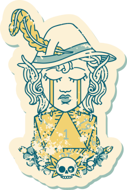 Retro Dövme Tarzı Ağlayan Elf Ozan Karakteri Bir insan tarafından çizilmiş doğal D20 rulo