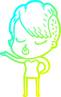 Bir insan tarafından çizilmiş soğuk gradyan çizgi film karakteri güzel hippi kız.