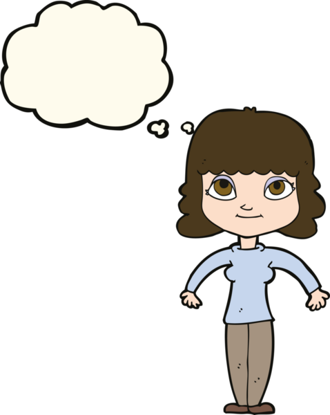 Bir insan tarafından çizilmiş düşünce baloncuğuyla omuz silken çizgi film kadını.