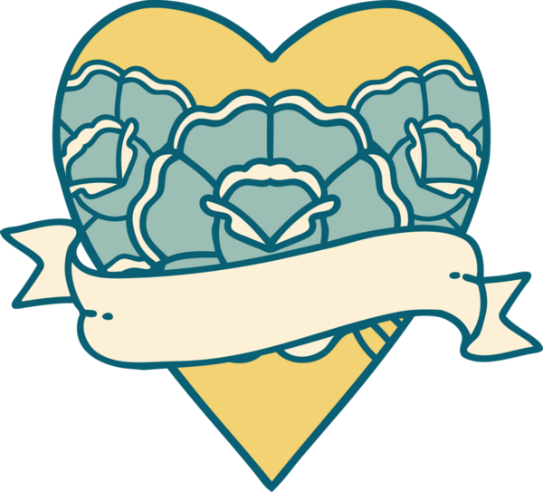 İkonik dövme stili bir kalp ve bir insan tarafından çizilmiş çiçekli pankart.